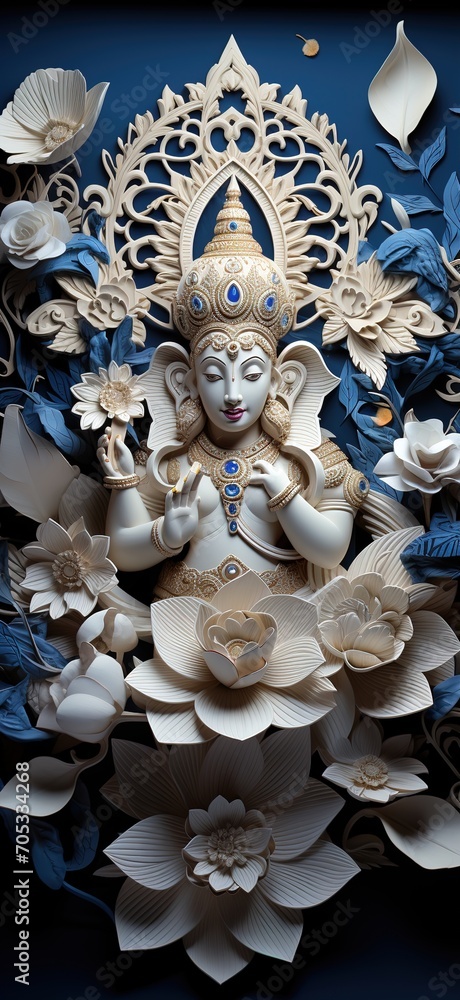 White and blue 3D illustration of a Hindu goddess surrounded by flowers White and blue 3D illustration of a Hindu goddess surrounded by flowers