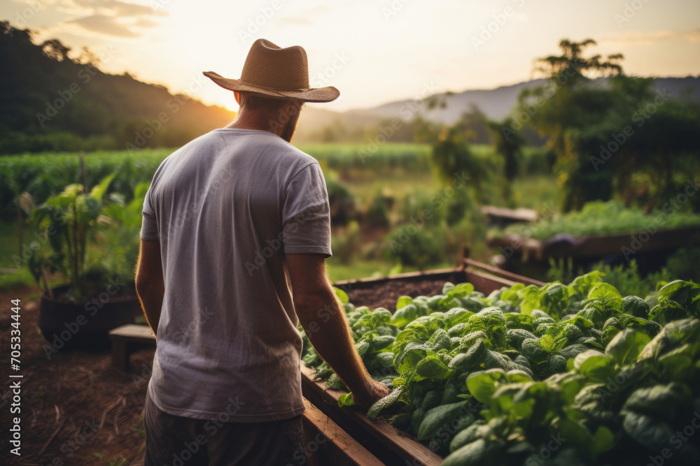 Farmer Tending to Organic Vegetable Garden at Sunset