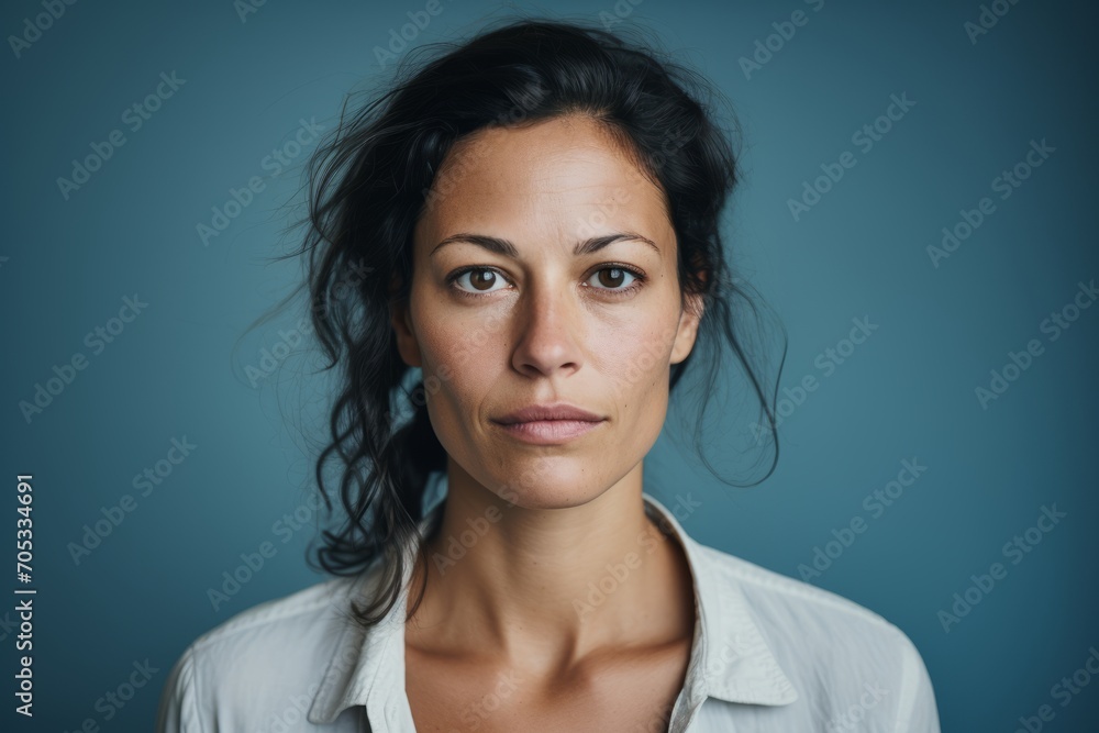 Portrait of a beautiful young woman in a white shirt on a blue background Portrait of a beautiful young woman in a white shirt on a blue background