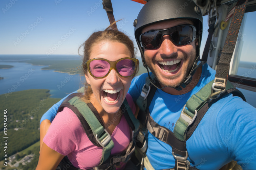 Skydiving Couple Sharing Excitement in Air Skydiving Couple Sharing Excitement in Air