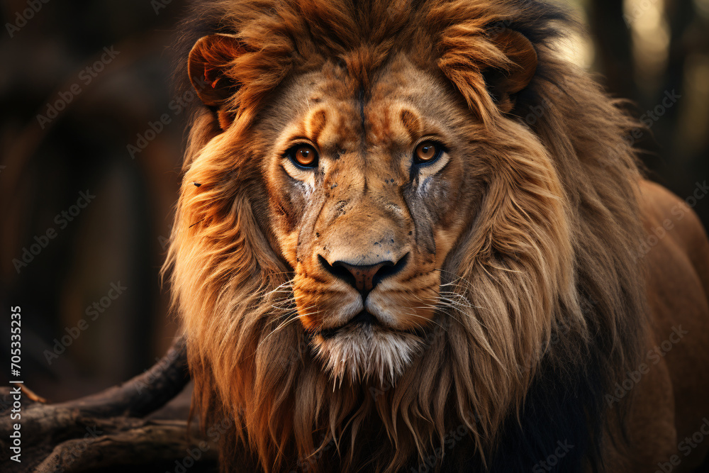 Portrait of a lion in the savanna. autumn at sunset. Safari