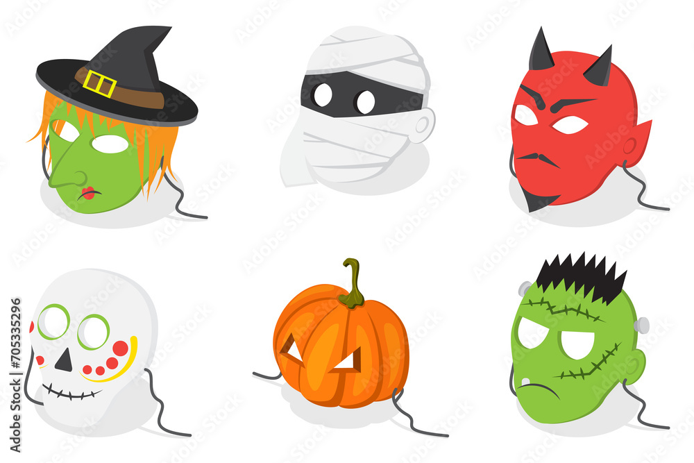 3D Isometric Flat Set of Halloween Face Masks, Carnaval Costumes 3D Isometric Flat Set of Halloween Face Masks, Carnaval Costumes
