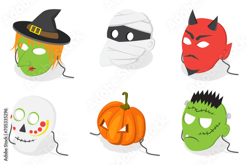 Fototapeta Naklejka Na Ścianę i Meble -  3D Isometric Flat  Set of Halloween Face Masks, Carnaval Costumes