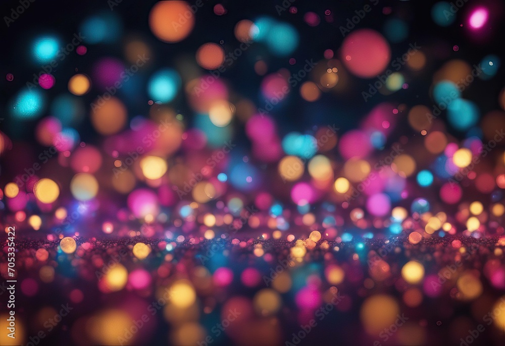 Cloud of multicolored particles in the air like sparkles on a dark background with depth of field beautiful bokeh light effects with colored particles background for holiday presentations 102 stock