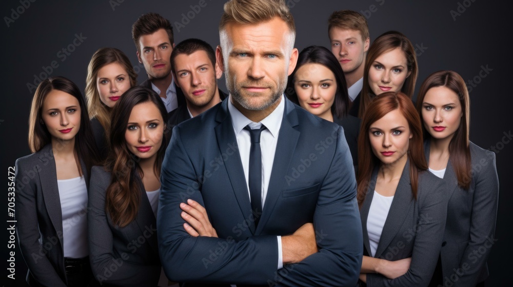 Business man with his arms crossed in front of a group of business people. Generative AI. Business man with his arms crossed in front of a group of business people. Generative AI.