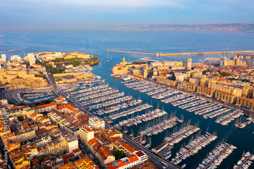 Obraz premium View from drone to Mediterranean seascape with yachts in marina of Marseille. France