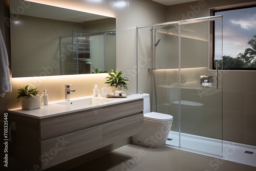 Modern bathroom interior with large mirror and plants