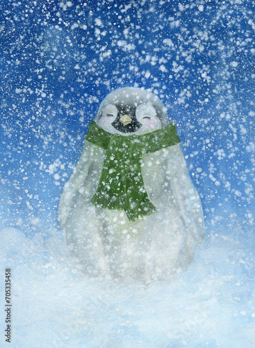 Penguin. Christmas illustration with snowy weather. Cartoon character. Drawn baby penguin with green scarf. Greeting card for Christmas.
