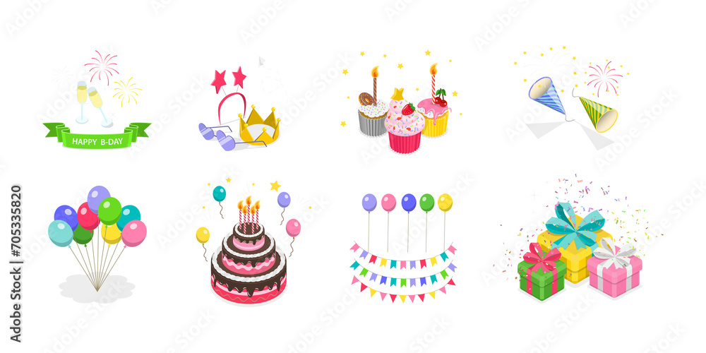 3D Isometric Flat Set of Party Items, Celebration Elements 3D Isometric Flat Set of Party Items, Celebration Elements