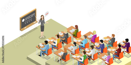 3D Isometric Flat  Conceptual Illustration of University, Students in Lecture Hall