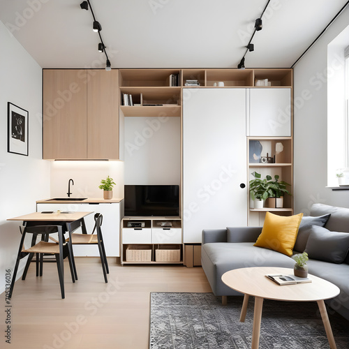 Compact and functional studio apartment with multifunctional furniture and smart storage solutions