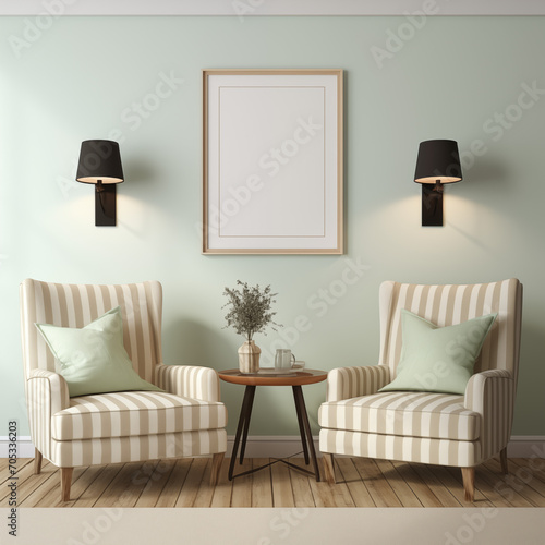 Modern Living Room Chairs Mint Green and Beige striped with Wood accent table Wall art Blank space © LightUpTheDark
