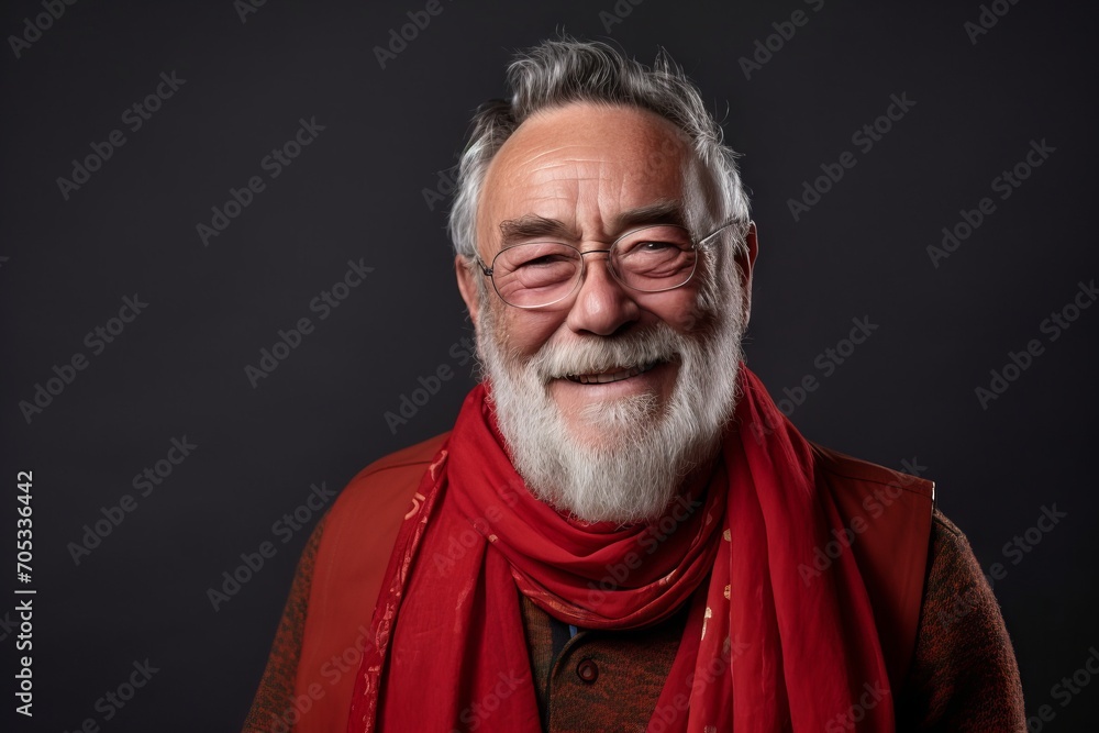 Portrait of a happy senior man with red scarf on black background