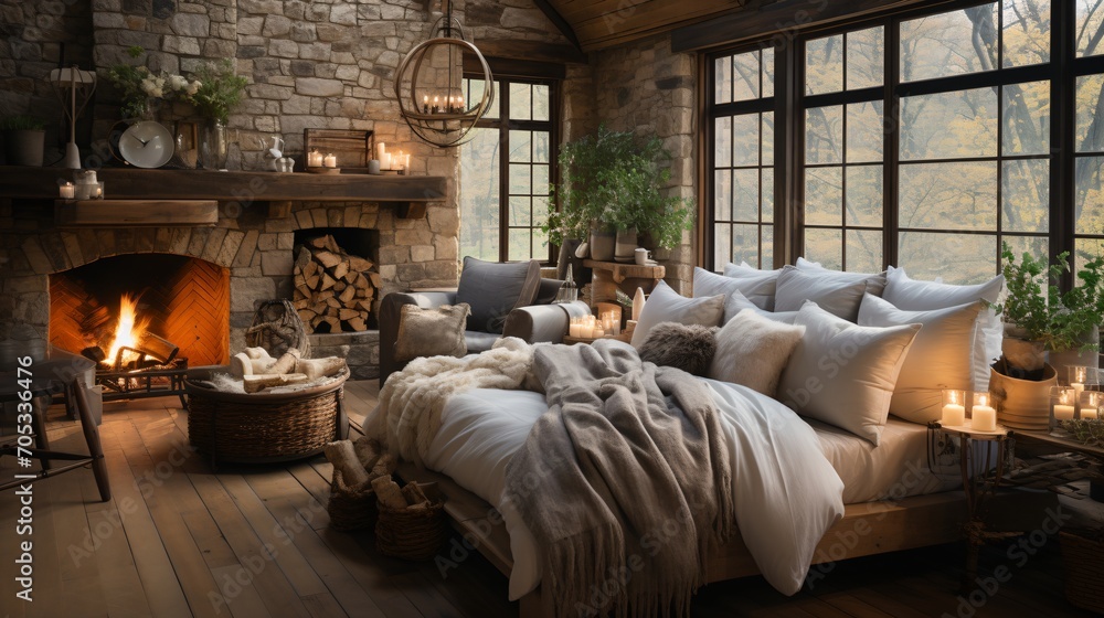 A cozy bedroom with a fireplace