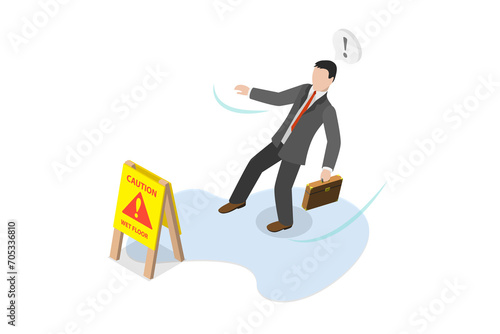 3D Isometric Flat Conceptual Illustration of Caution Wet Floor, Slipping and Downfall