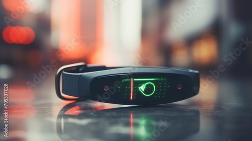 Closeup of a small biometric sensor attached to a fitness band.