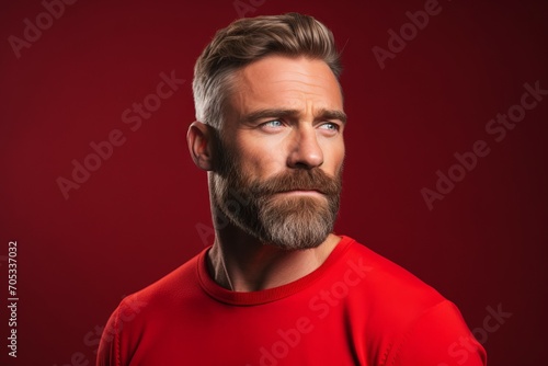 Portrait of a handsome man with a beard on a red background. © Inigo