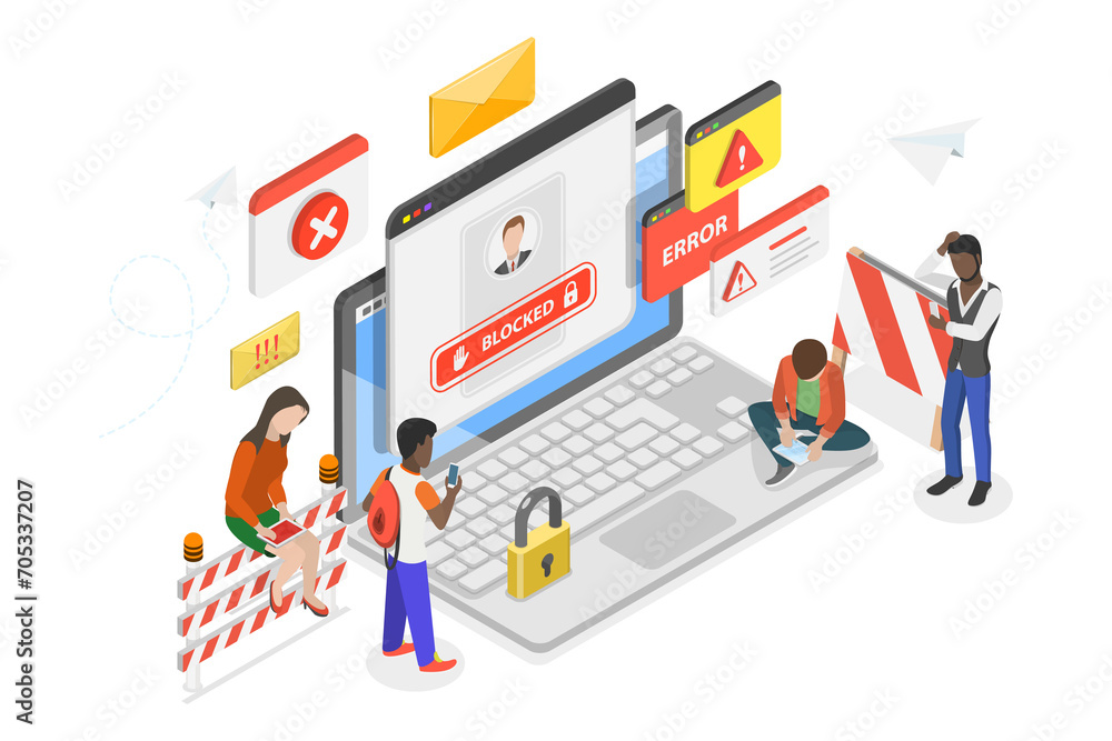 3D Isometric Flat Conceptual Illustration of Blocked User Account, Profile Deactivation 3D Isometric Flat Conceptual Illustration of Blocked User Account, Profile Deactivation