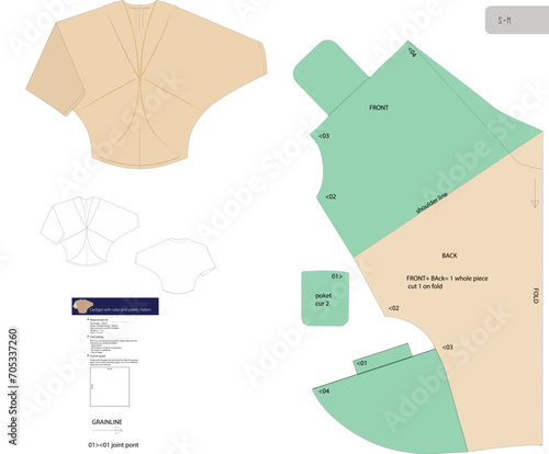 Exquisite vector illustration of a stylish cardigan sewing pattern with collar and pockets. Perfect for fashion enthusiasts. S-M sizes.