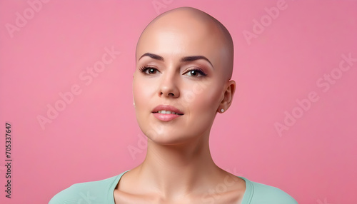 young bald woman suffering of cancer on isolated pink background with space for copy concept of world cancer day created with generative ai