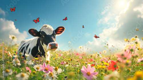 Cow grazing in a meadow with colorful flowers and blue sky background. photo