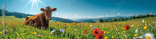 Cow grazing in a meadow with colorful flowers and blue sky background.