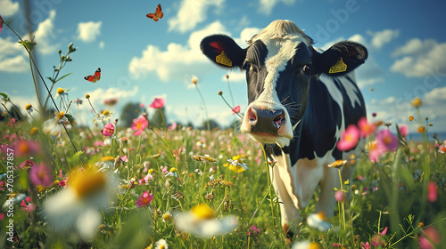 Cow grazing in a meadow with colorful flowers and blue sky background. photo