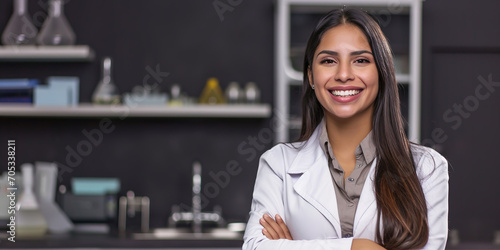 Smiling Latin chemist in laboratory, 