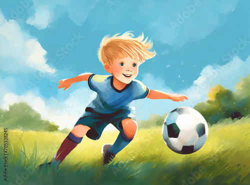 Painting of a Young Blonde boy playing soccer on a grass playing field outdoors. Kicking the ball and headed towards goal. Sports concept image of young children © Brocreative