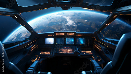 Futuristic cockpit of a space ship. Generative AI.
