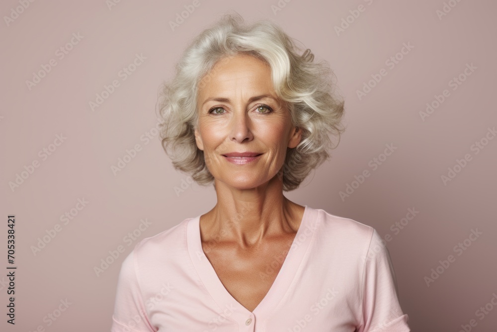 Portrait of beautiful senior woman with white hair on a pink background
