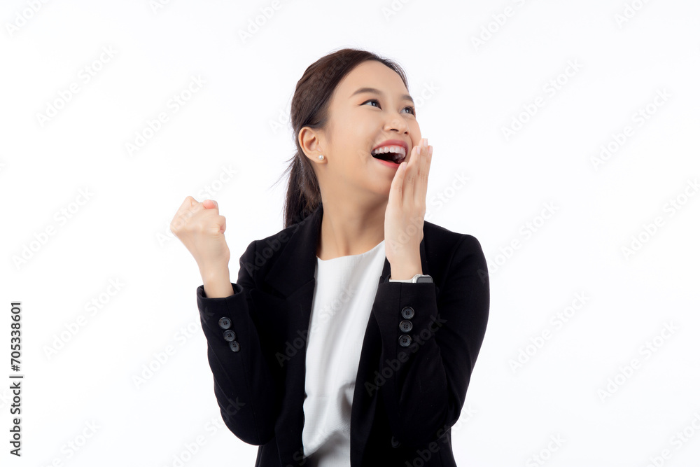 Portrait young asian businesswoman in suit standing with excited isolated white background, business woman is manager or executive thinking and idea with imagination with success, business concept. Portrait young asian businesswoman in suit standing with excited isolated white background, business woman is manager or executive thinking and idea with imagination with success, business concept.
