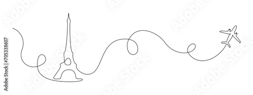 Continuous one line drawing of Paris Eiffel tower with airplane path. French landmarks and city architecture in simple linear style. Editable stroke. Doodle outline vector illustration