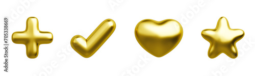3D objects signs and symbols golden of plus sign, check mark, heart and star. Chromium gold texture. Graphic resource elements. 3D illustration.