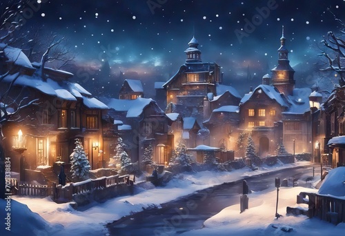 Snow town at night watercolor stock illustrationSnow Winter Christmas City Non Urban © mohamedwafi