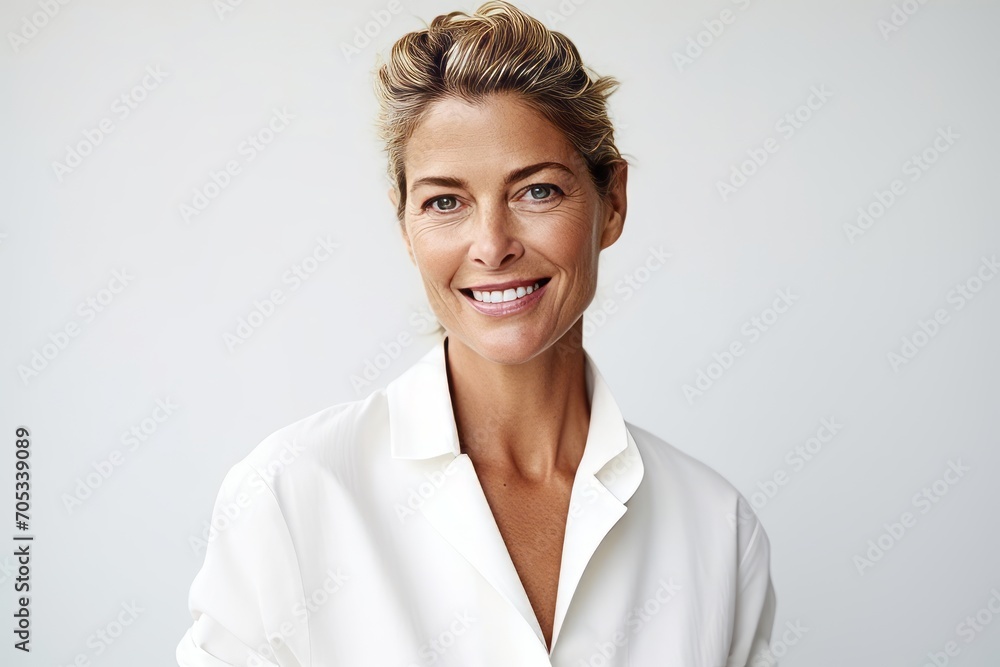 Portrait of happy mature businesswoman smiling at camera against white background Portrait of happy mature businesswoman smiling at camera against white background