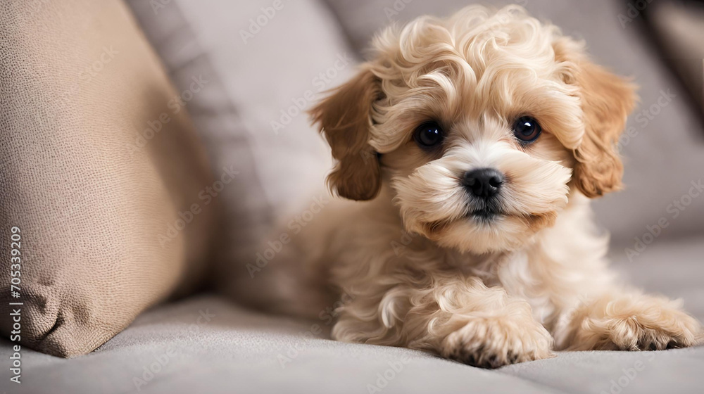 Cute puppy of maltipoo dog posing isolated over white background, Cute poodle puppy, cute poodle puppy standing wide with tongue out 