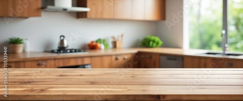 Empty Wooden Table Background Blurred Kitchen  Wooden Table