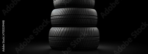 Three black tires stacked vertically on a black background,