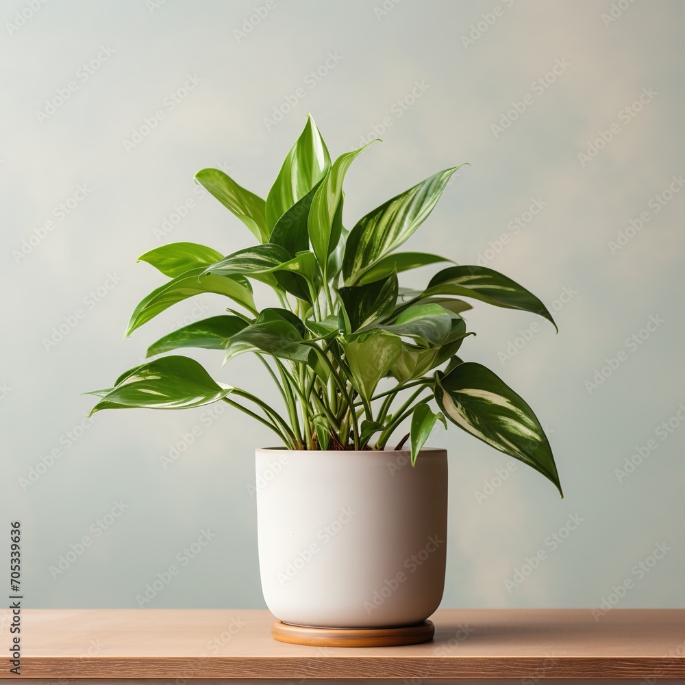 A potted houseplant sits on a wooden table against a pale green background.