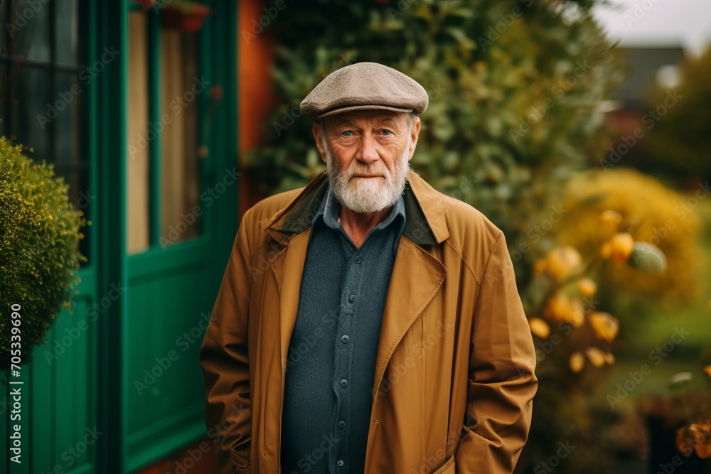 Portrait of an elderly man with gray beard in a brown coat and a beret on the street. Portrait of an elderly man with gray beard in a brown coat and a beret on the street.