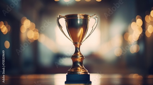 Closeup of a shiny trophy sitting on a pedestal.