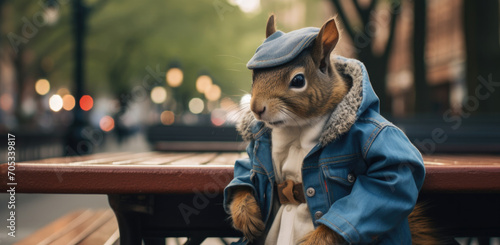 A squirrel dressed in a denim jacket and hat sitting on a bench. Generative AI. photo