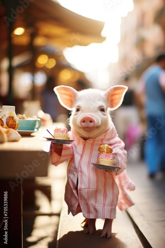 A pig dressed in a robe holding a plate of food. Generative AI.