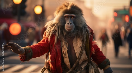 A monkey dressed up as a man on a street. Generative AI. photo