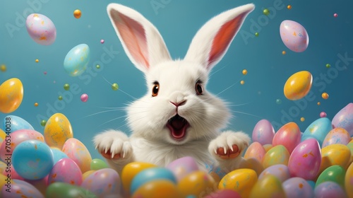 white bunny is jumping away from colorful eggs.