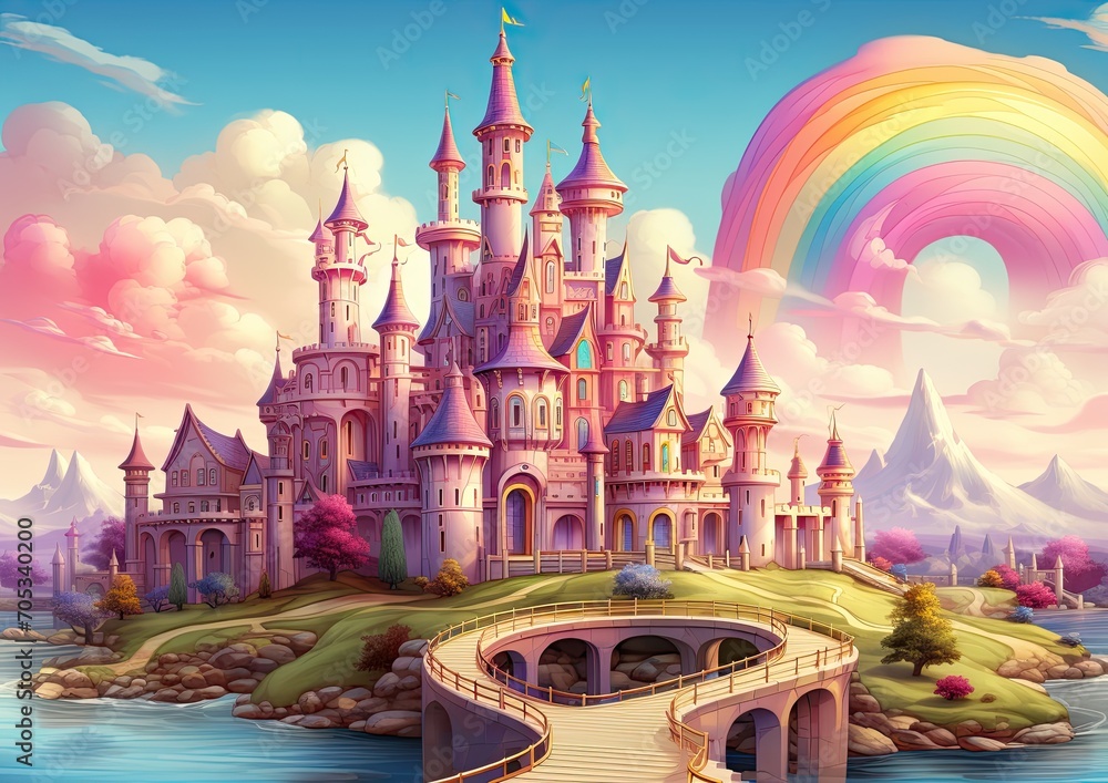 Enchanted Fairy Tale Castle with Rainbow Bridge and Majestic Mountains