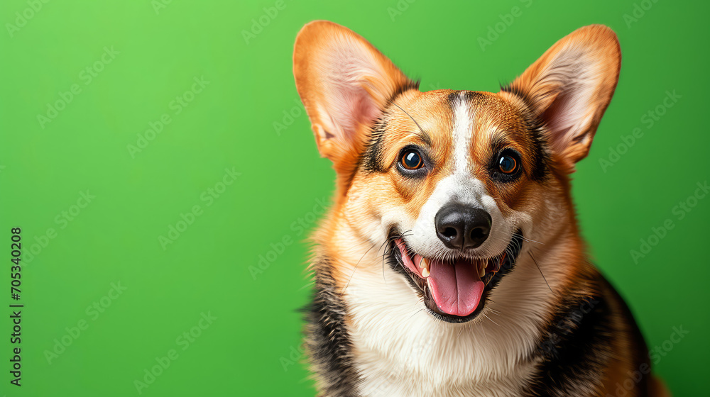 Happy corgi dog on vivid green background with empty space for text 