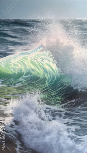 A watercolored pencil illustration mixed with luministic oil painting, A large wave crashing on the beach, hyper realistic, cinematic lighting, vibrant and vivid