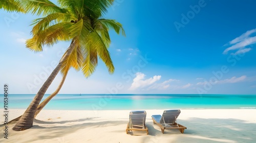 Tropical Beach - Chairs And Palm Trees On Coral Sand With Blue Ocean - Summer Vacation